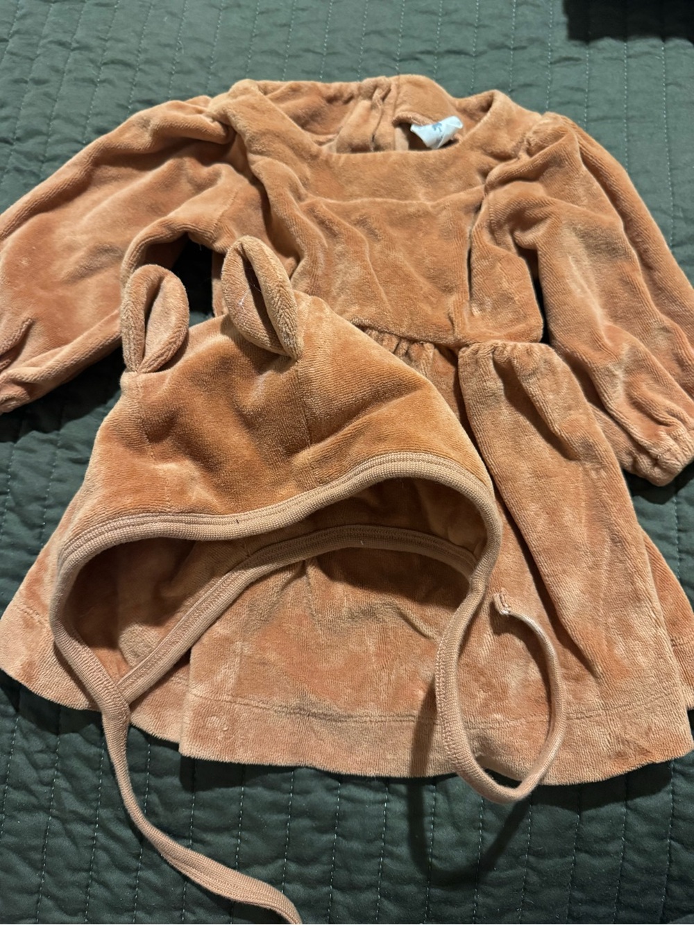 kate quinn velour dress and bear hat